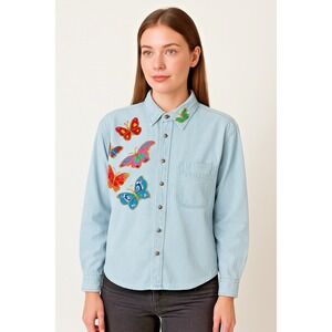 Global Sport Womens Denim Blue Long Sleeve Y2K Shirt Sz S W/ Butterflies 90s